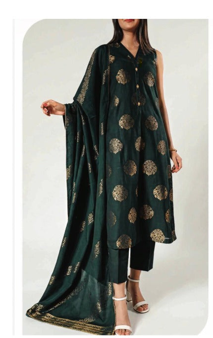 Elegant Emerald Green Printed Festive Suit