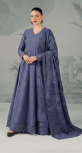 Elegant Dusty Blue Embroidered Long Frock Set | 3-Piece Festive Wear