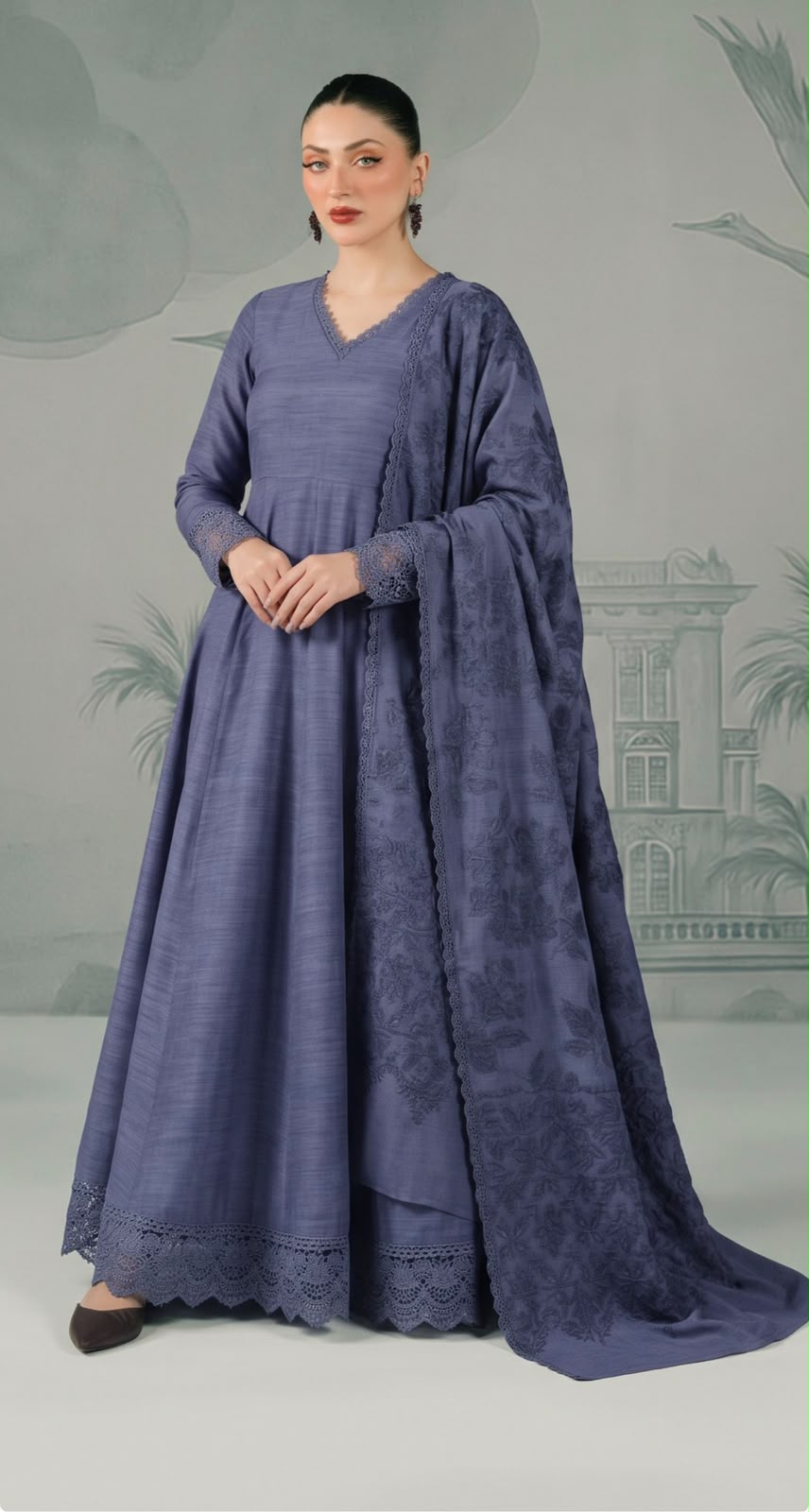 Elegant Dusty Blue Embroidered Long Frock Set | 3-Piece Festive Wear