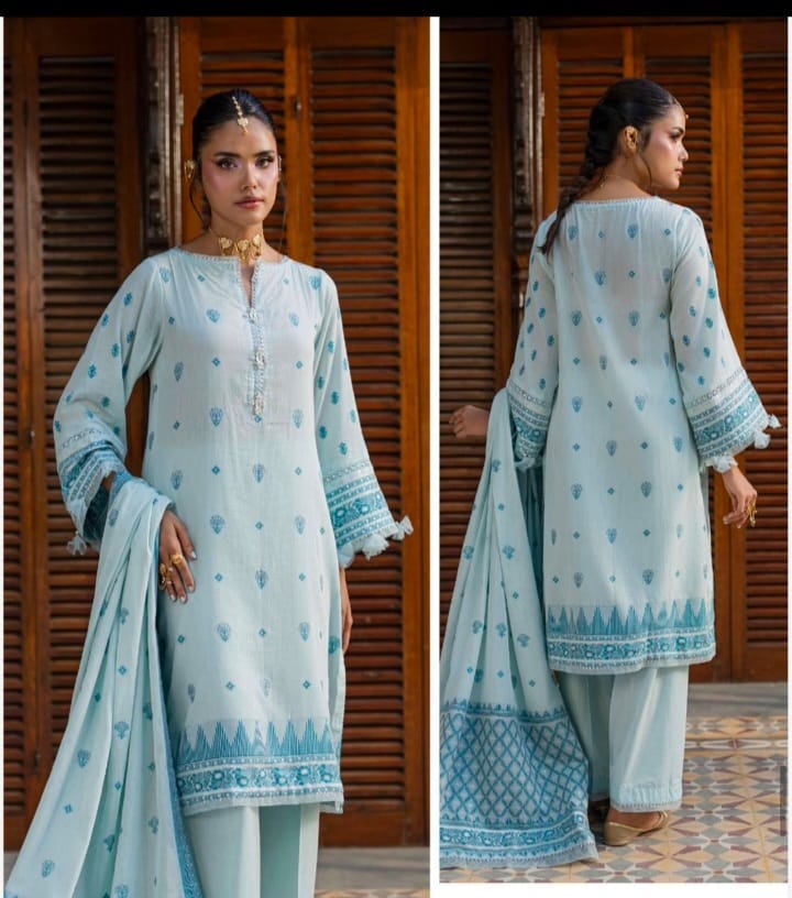 Sky Blue Embroidered Cotton Lawn 3-Piece Suit with Printed Dupatta