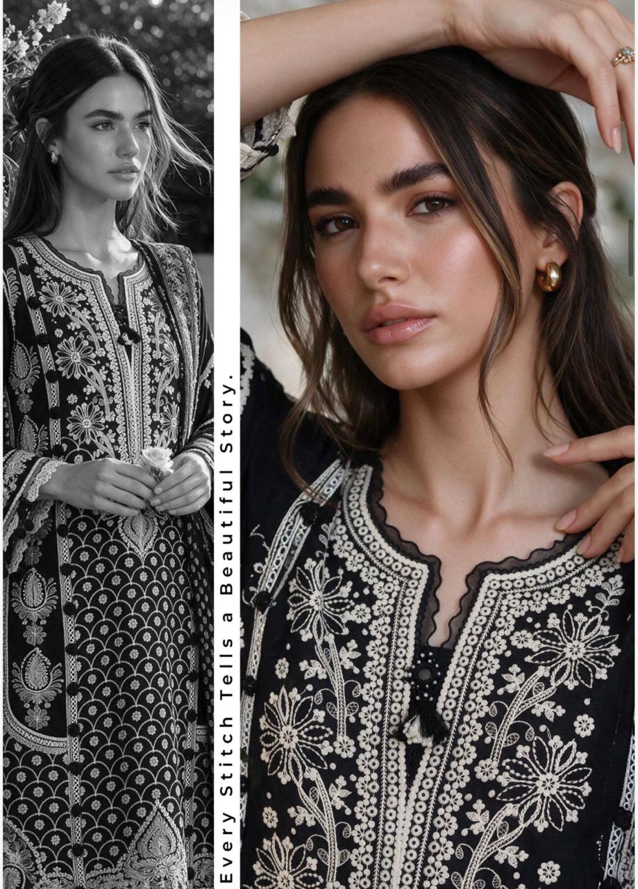 Elegant Black Embroidered Cotton 3-Piece Suit
