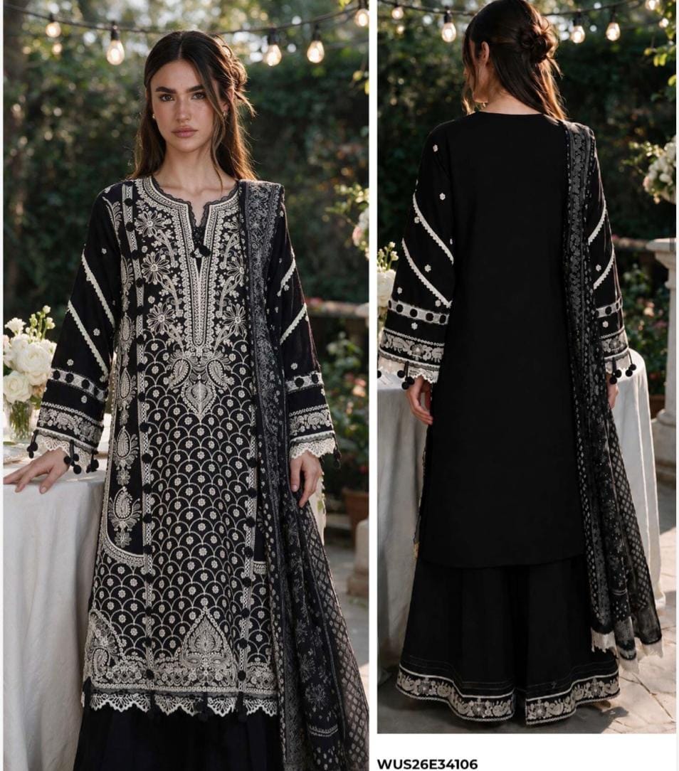 Elegant Black Embroidered Cotton 3-Piece Suit