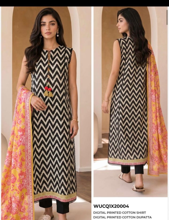 3-Piece Unstitched Digital Printed Cotton Suit with Printed Dupatta