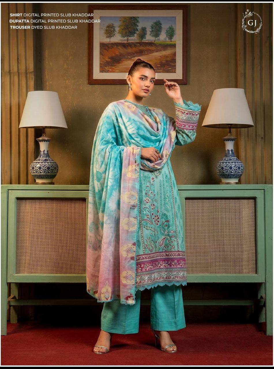 GJ – Digital Printed 3-Piece Slub Khaddar Suit