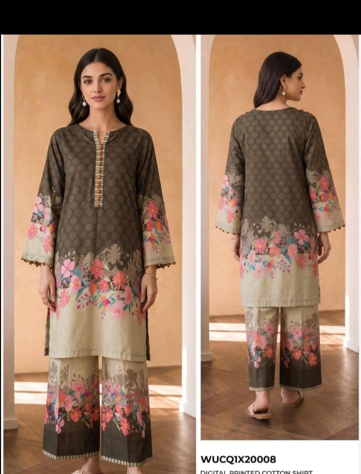 Elegant Olive Green Floral Printed 2-Piece Suit .