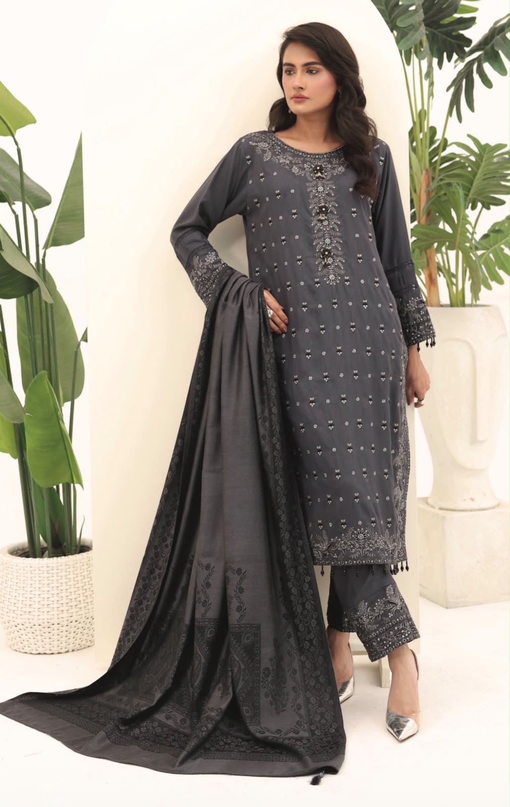 Elegant Charcoal Grey Embroidered 3-Piece Suit