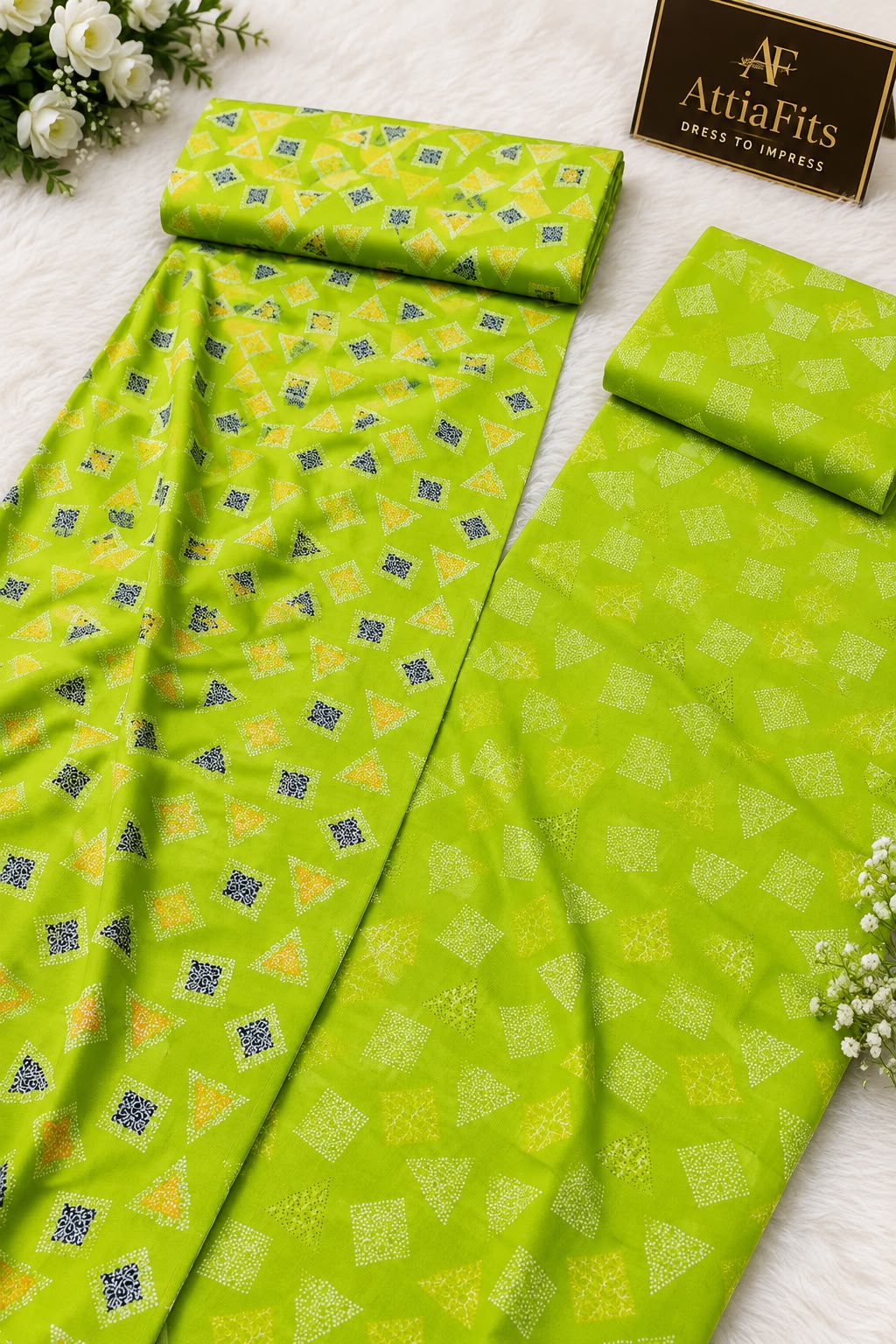 Fresh Lime & Yellow Geometric Motif Unstitched Lawn Dress