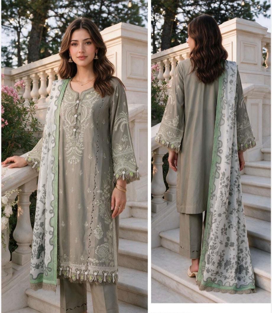 Elegant Sage Green Embroidered 3-Piece Suit