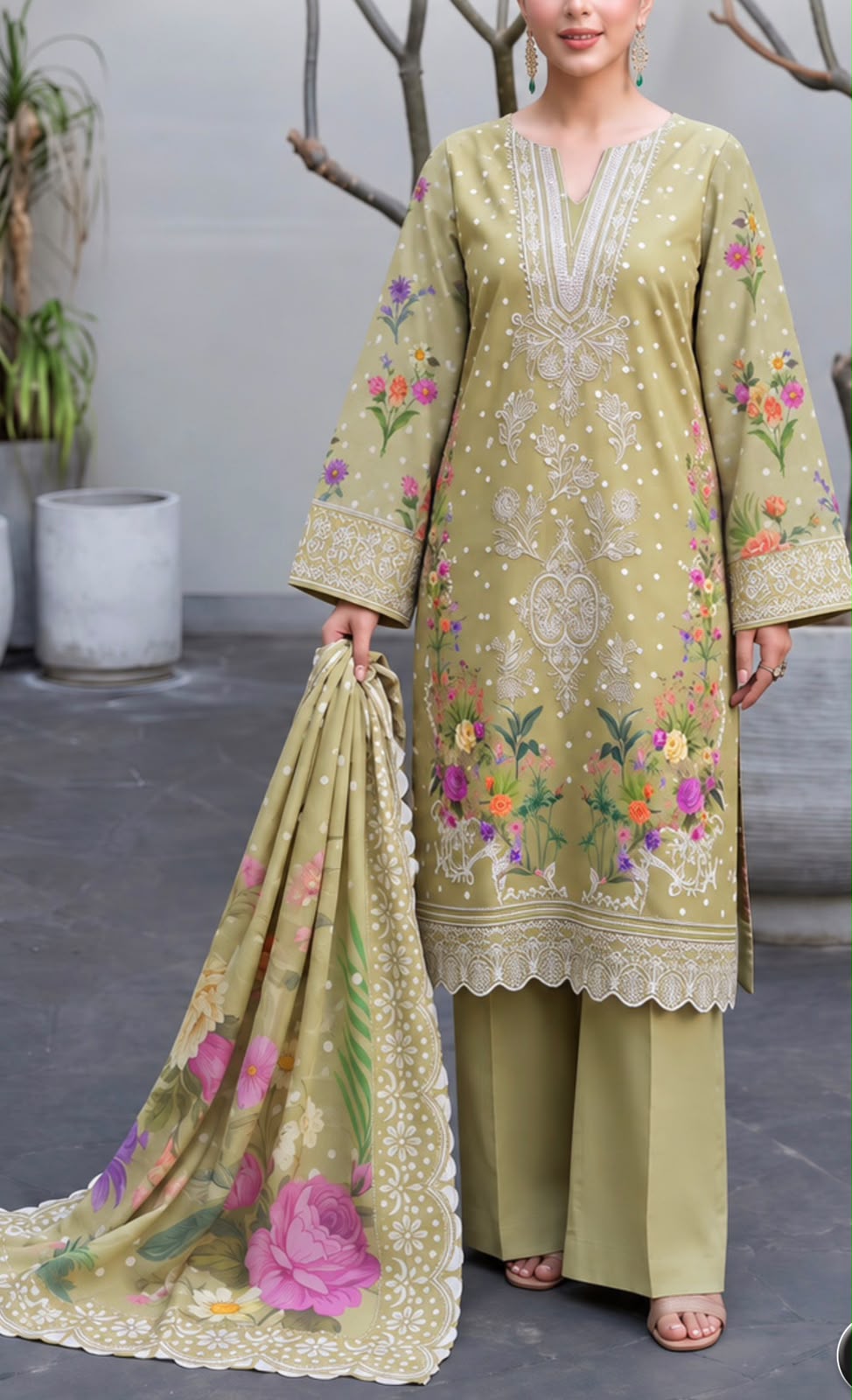 Embroidered viscose 3pc with crinkle dupatta