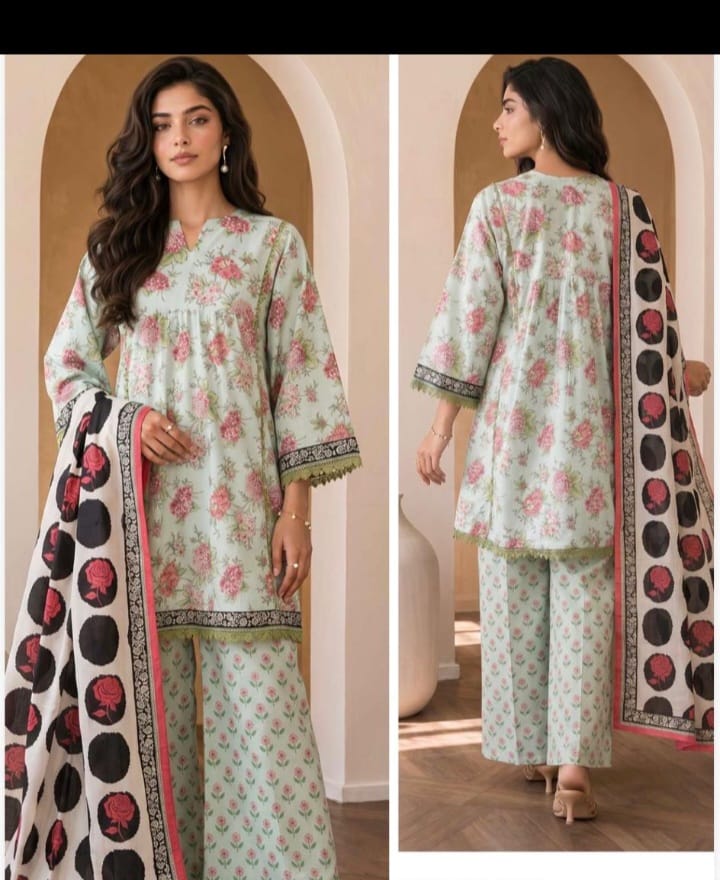 Mint Green Floral Printed 3-Piece Unstitched Suit with Polka Dot Printed Dupatta