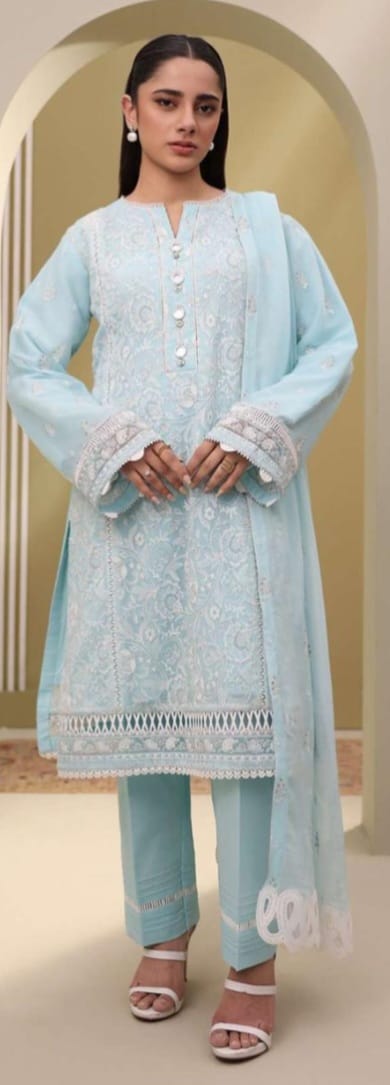Elegant Ice Blue Embroidered 3-Piece Suit