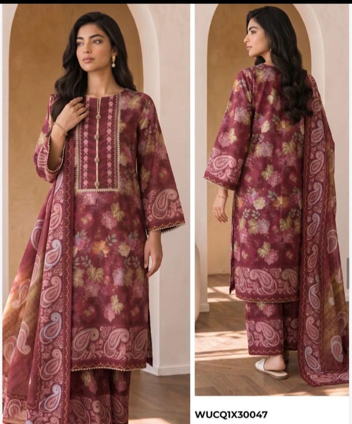 3-Piece Printed & Embroidered Slub Khaddar / Cotton Suit