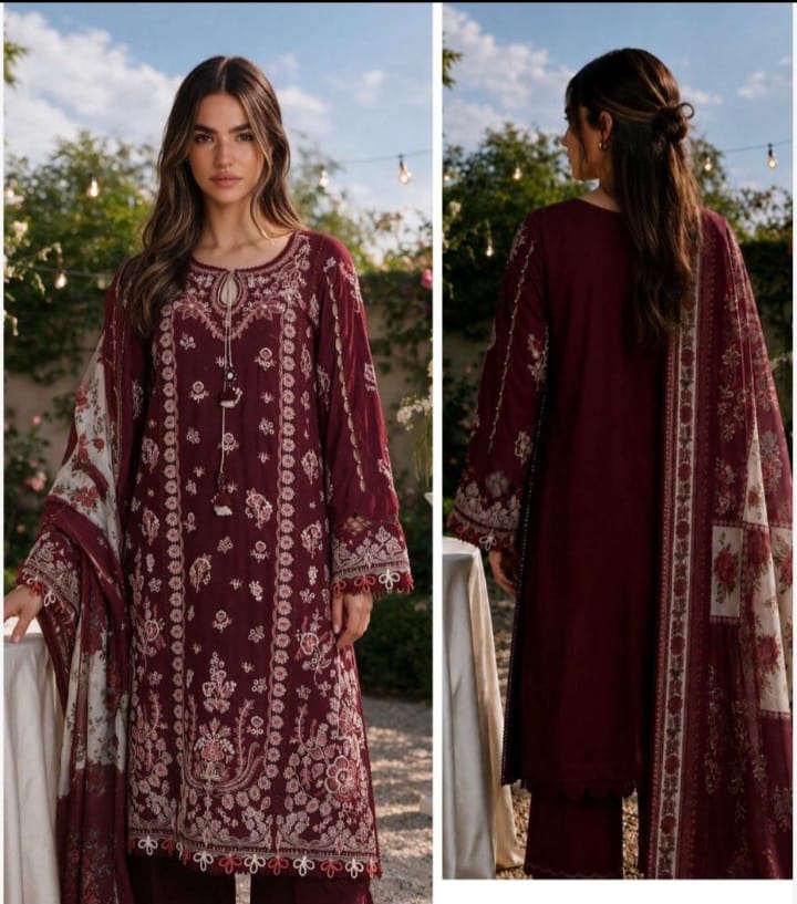 Elegant Maroon Embroidered 3-Piece Suit
