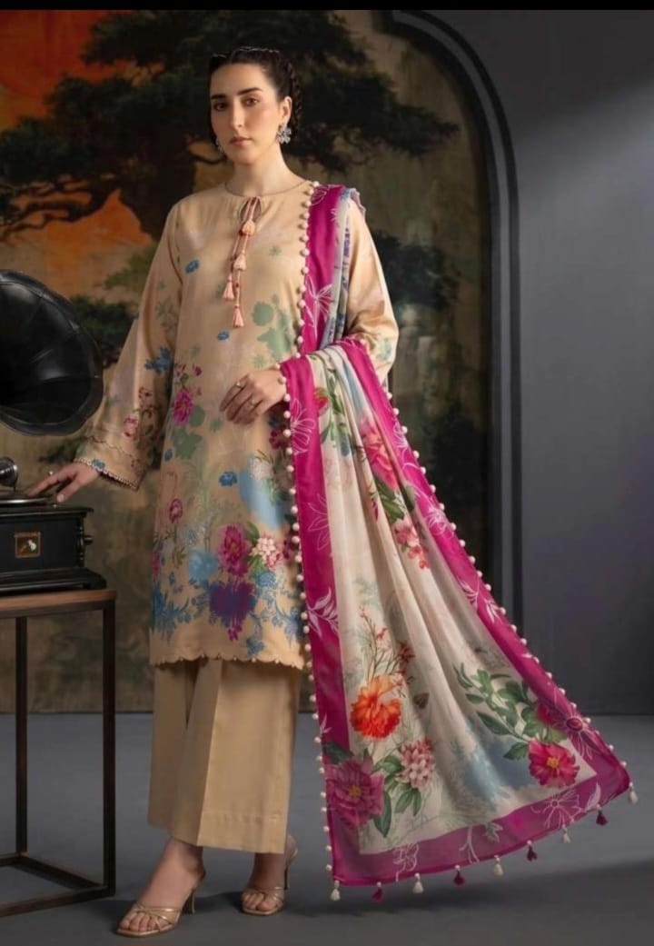 Elegant Beige Floral Printed 3-Piece Suit
