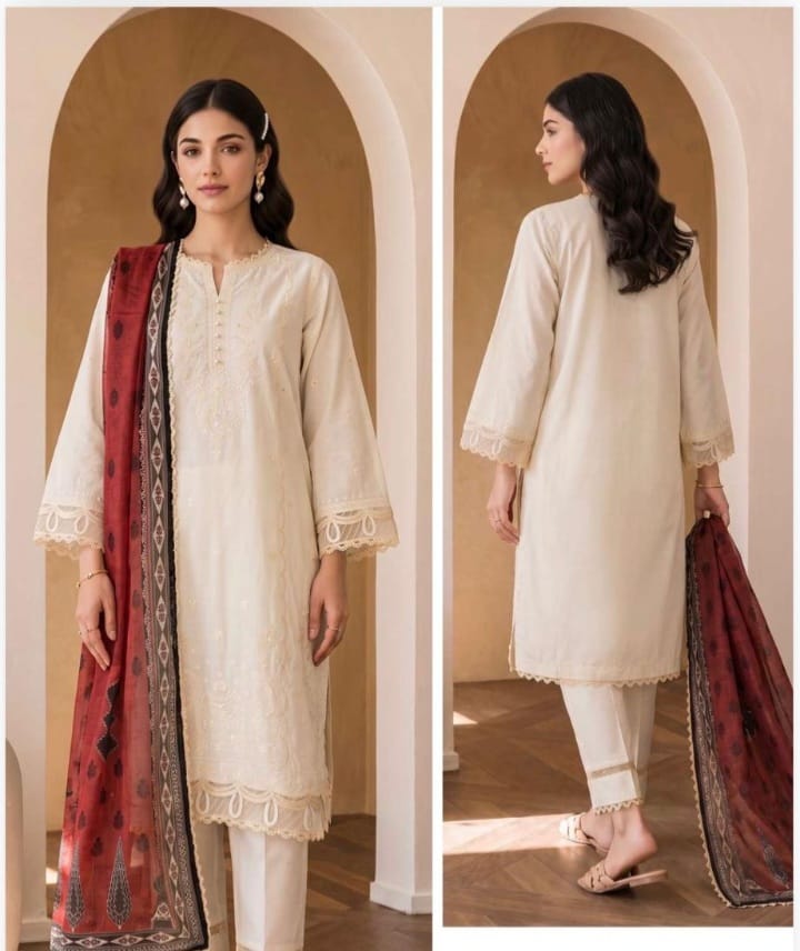 Embroidered 3-Piece Lawn Suit with Maroon Dupatta