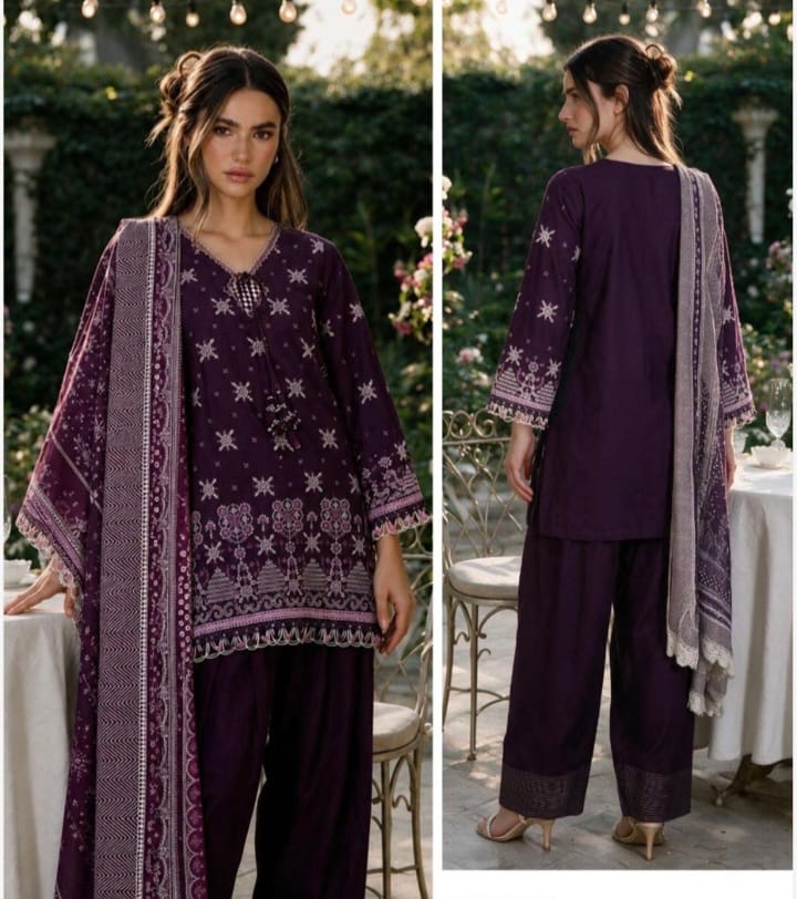 Elegant Plum Purple Printed 3-Piece Suit