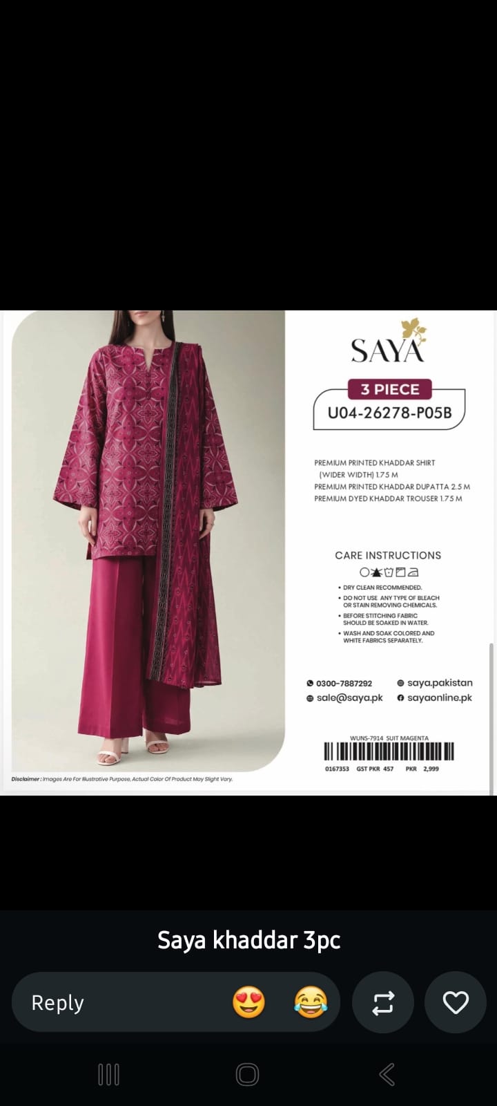 Saya Magenta Printed Khaddar 3-Piece Suit